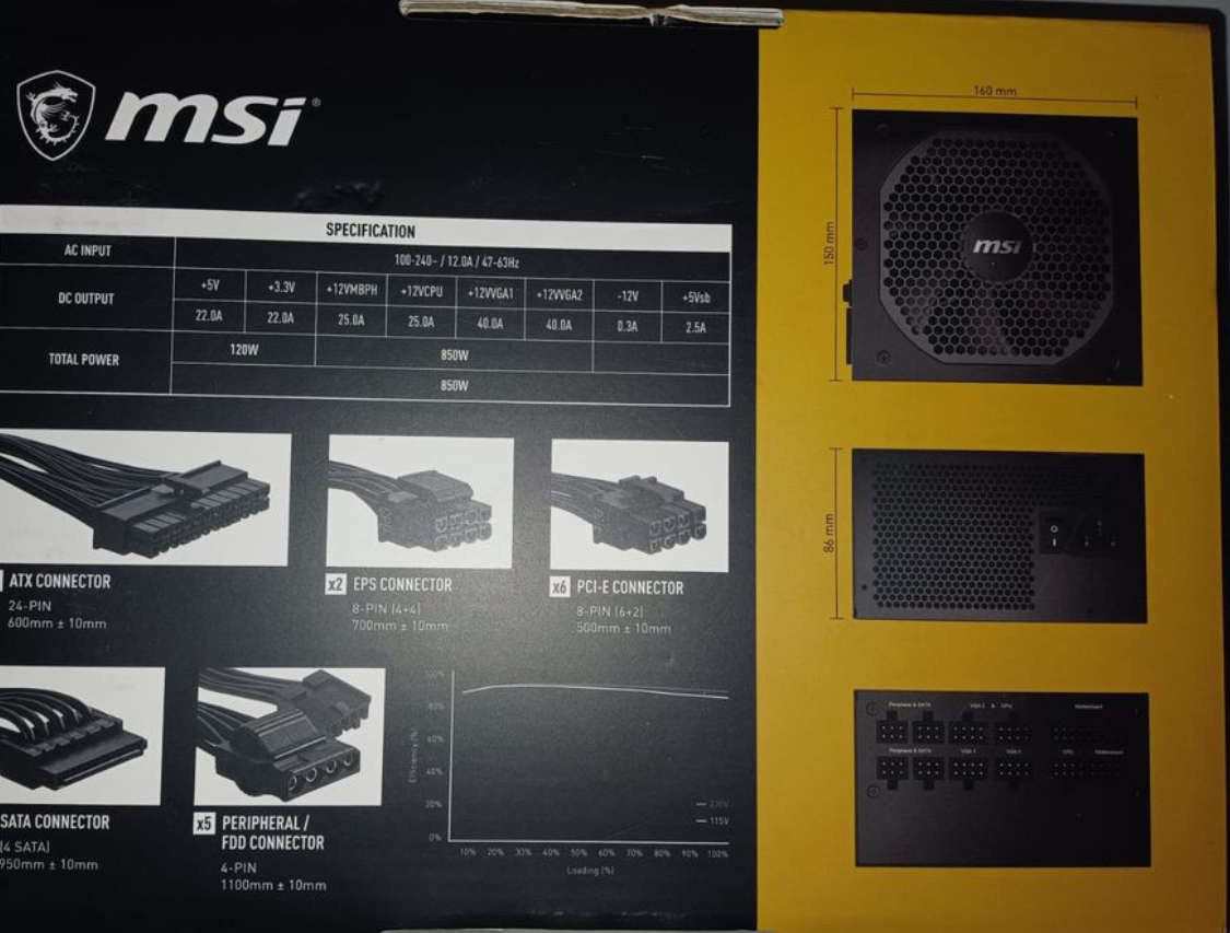 MSI MPG A850GF 850W 80 Plus Gold Fully Modular Black Desktop Power Supply.