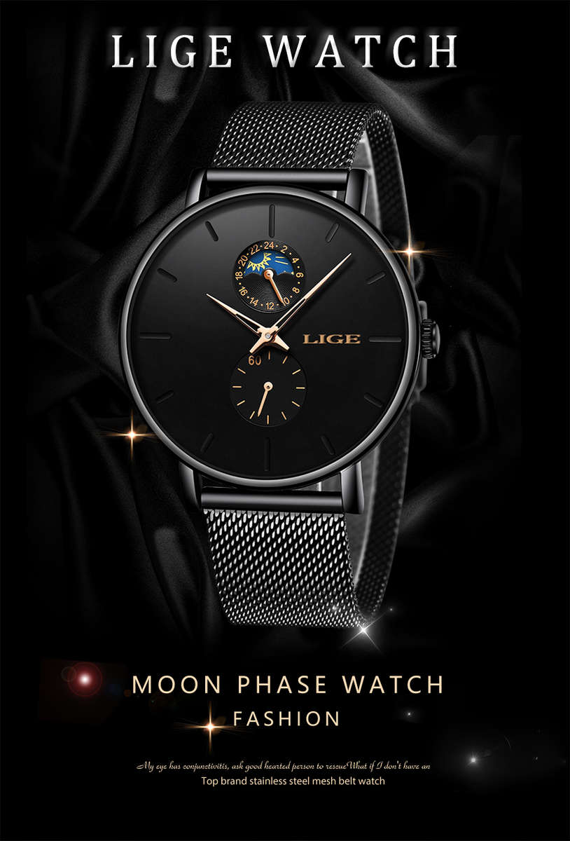 LIGE Eclipse: Black Unisex Watch with Gold Dial