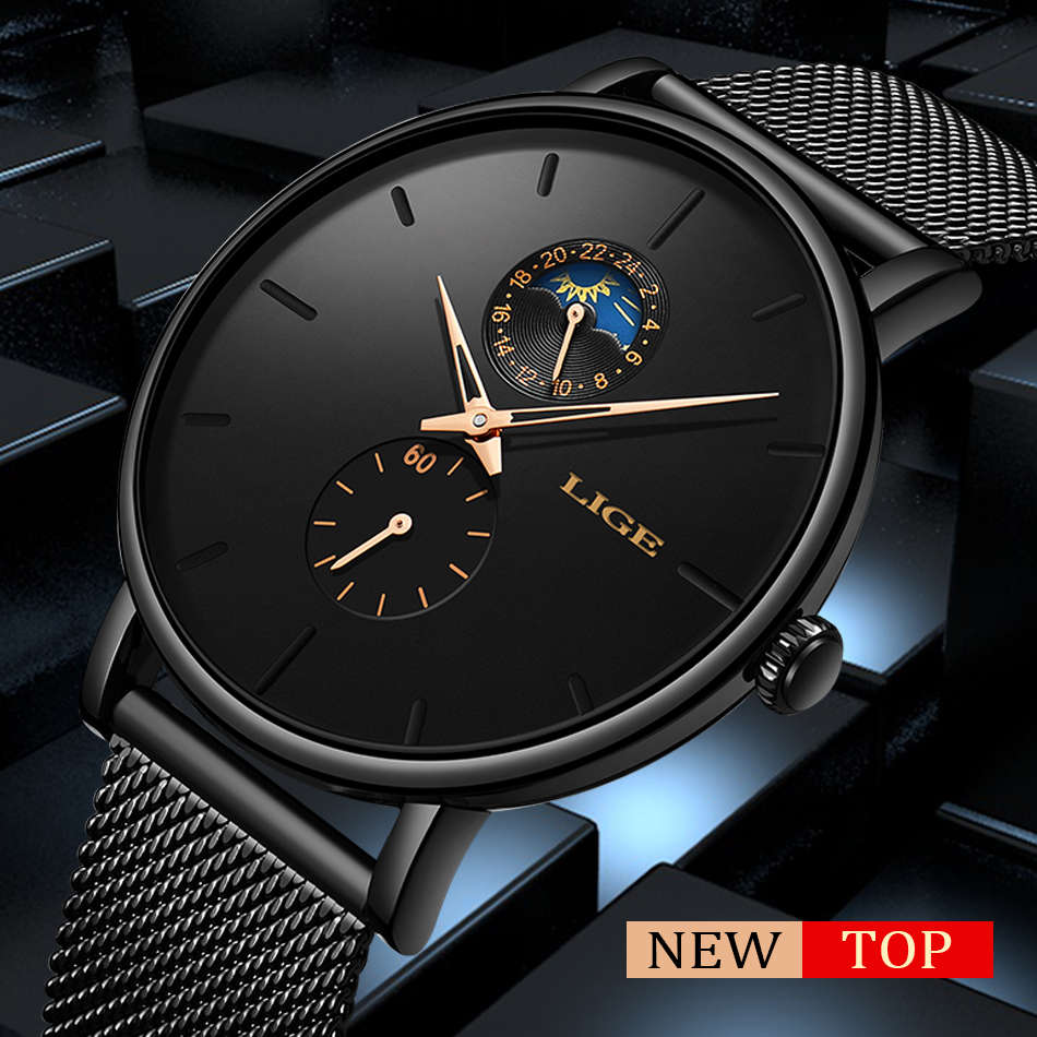 LIGE Eclipse: Black Unisex Watch with Gold Dial