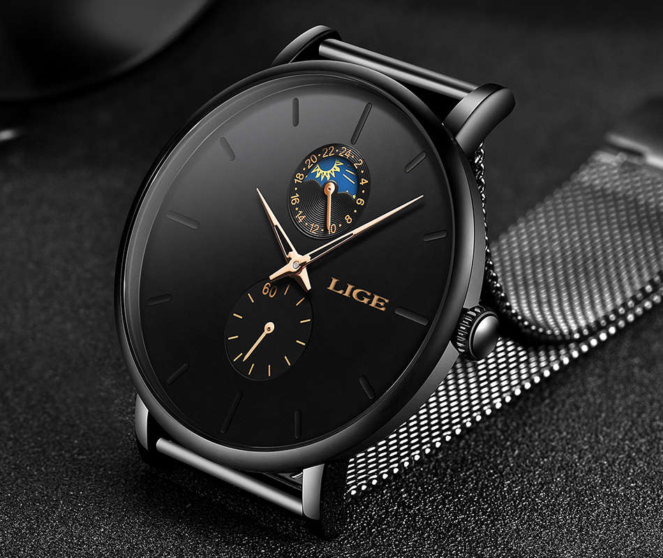 LIGE Eclipse: Black Unisex Watch with Gold Dial