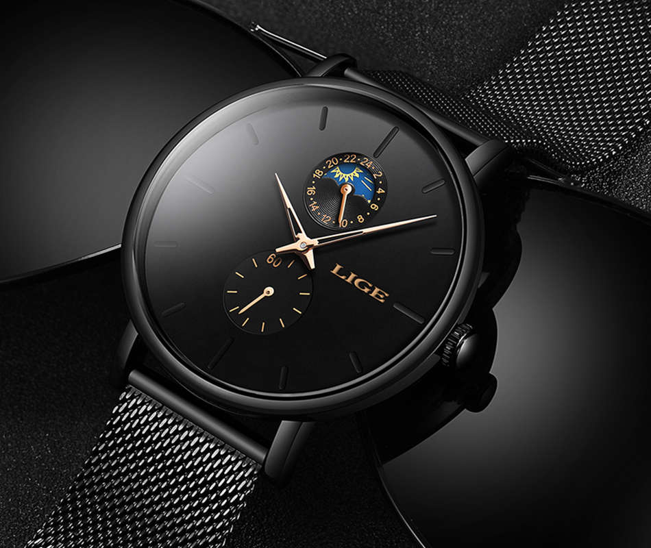 LIGE Eclipse: Black Unisex Watch with Gold Dial