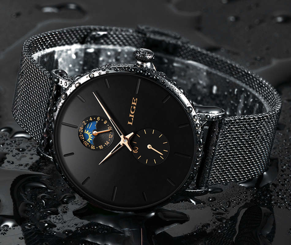 LIGE Eclipse: Black Unisex Watch with Gold Dial