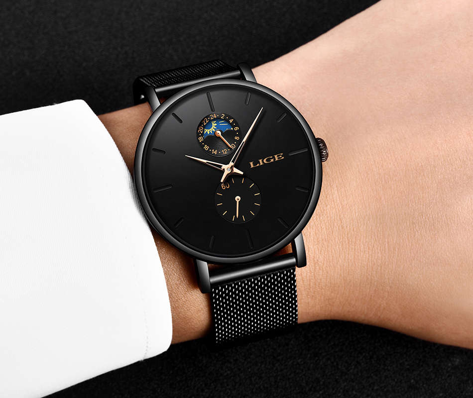 LIGE Eclipse: Black Unisex Watch with Gold Dial