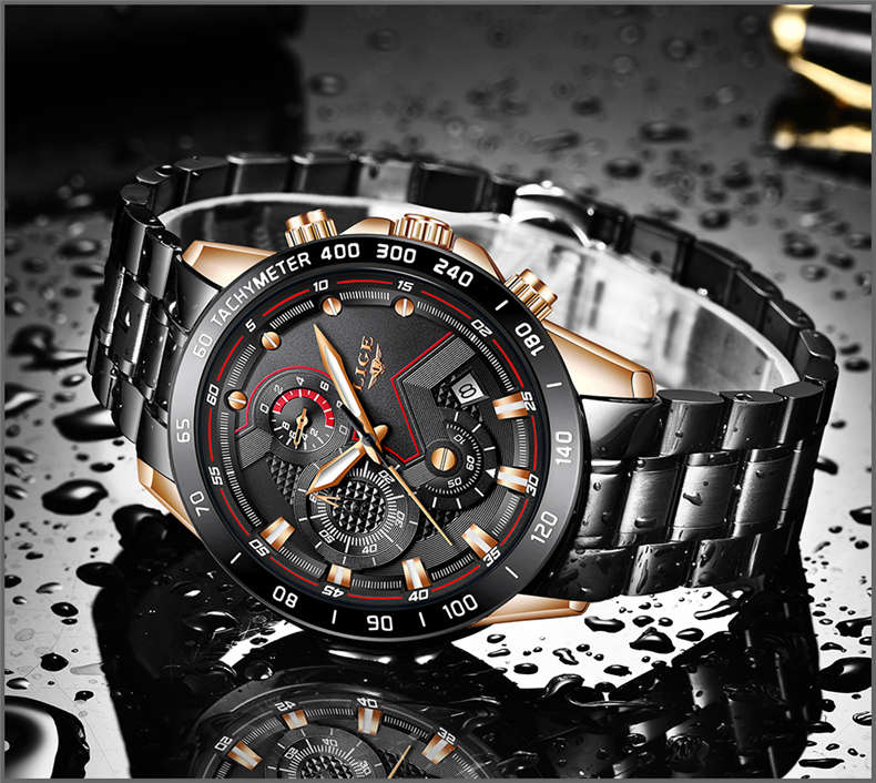 LIGE Obsidian: Luxury Black Chronograph Quartz Watch