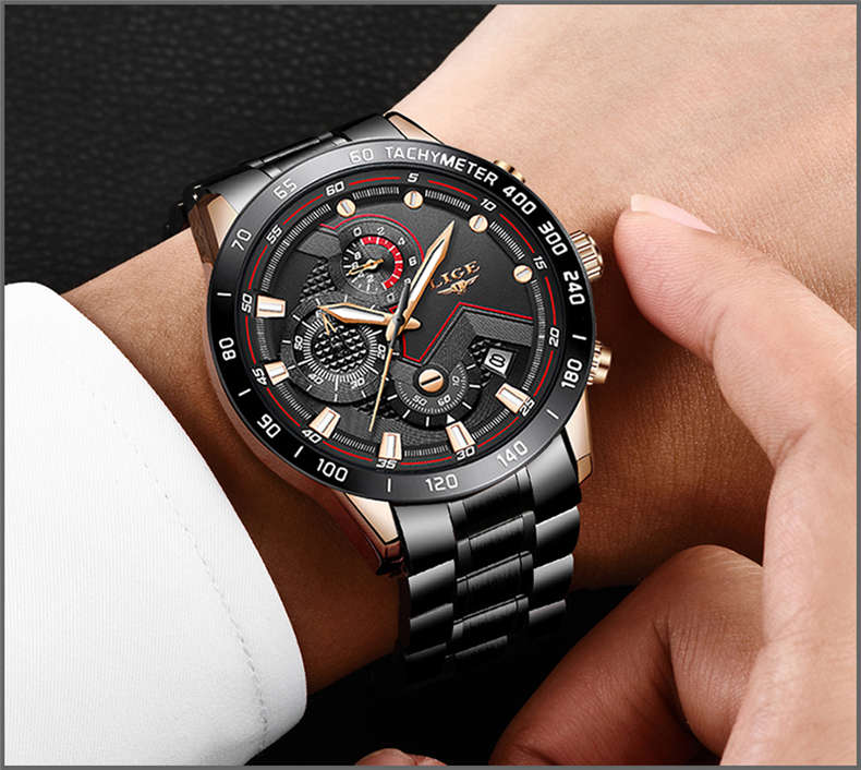 LIGE Obsidian: Luxury Black Chronograph Quartz Watch