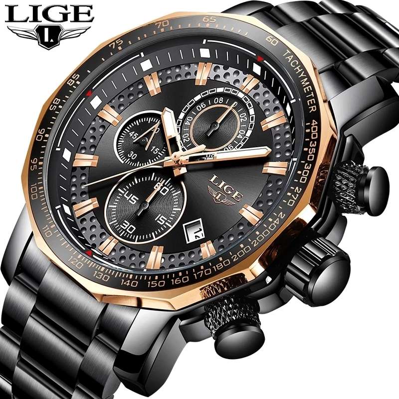 LIGE 9871 Royale: Gold Black Luxury Full Steel Quartz Watch