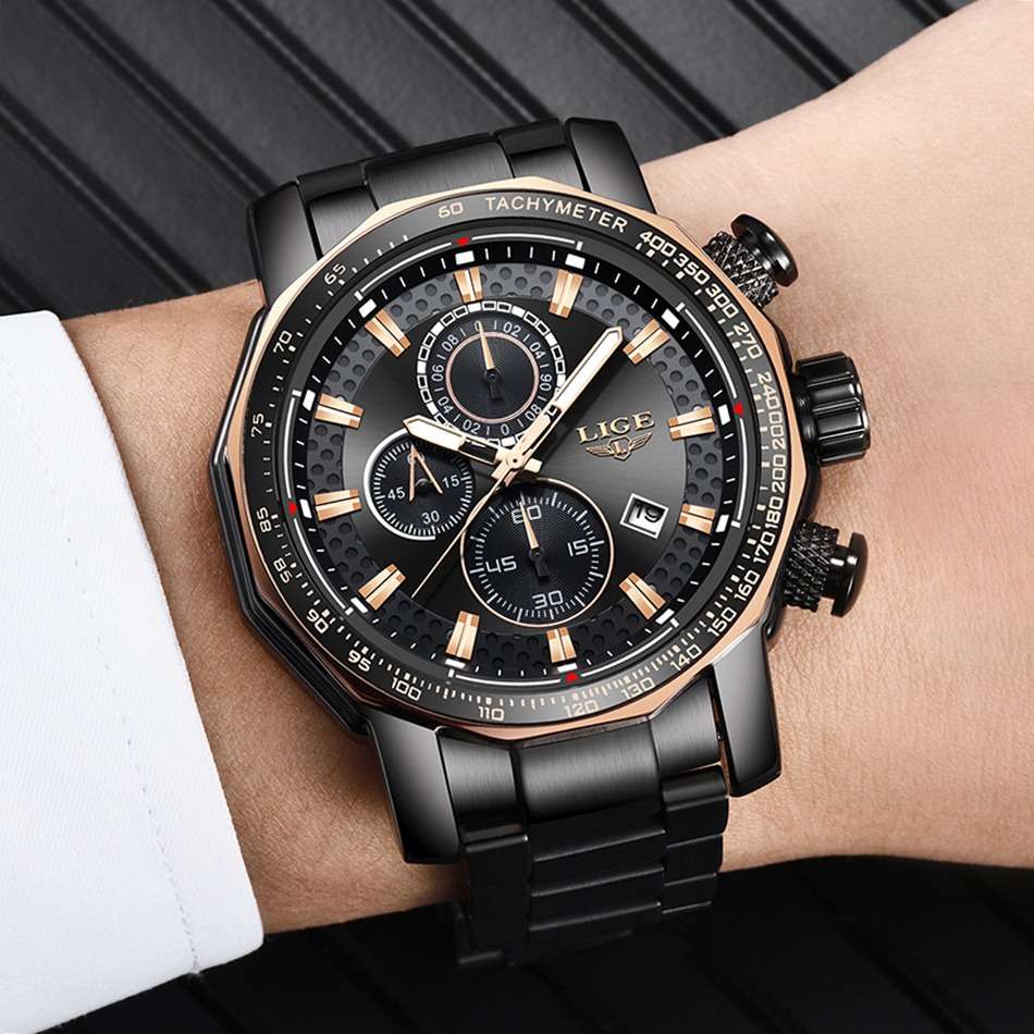 LIGE 9871 Royale: Gold Black Luxury Full Steel Quartz Watch