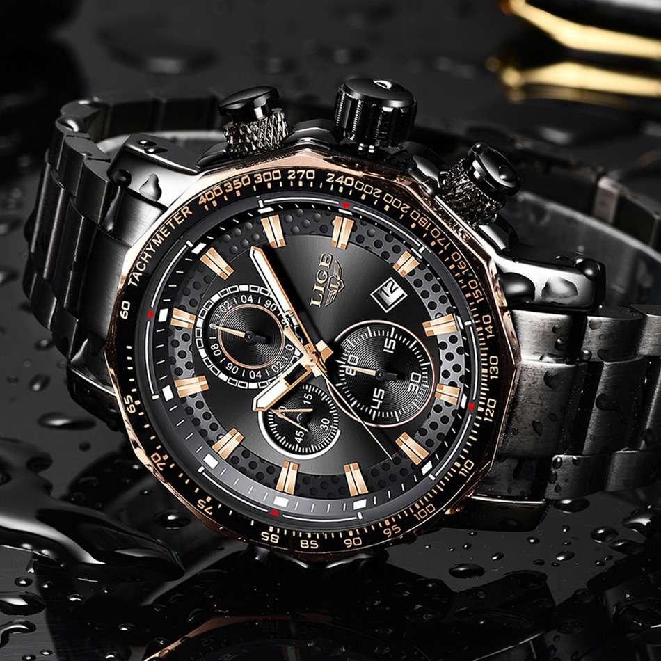LIGE 9871 Royale: Gold Black Luxury Full Steel Quartz Watch
