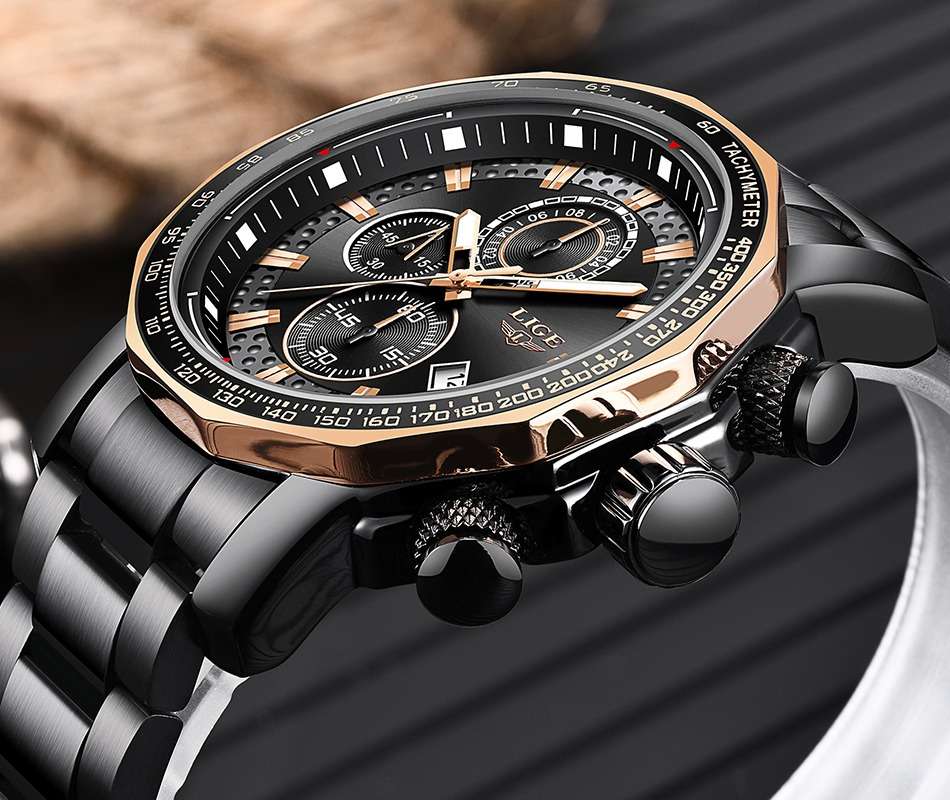 LIGE 9871 Royale: Gold Black Luxury Full Steel Quartz Watch