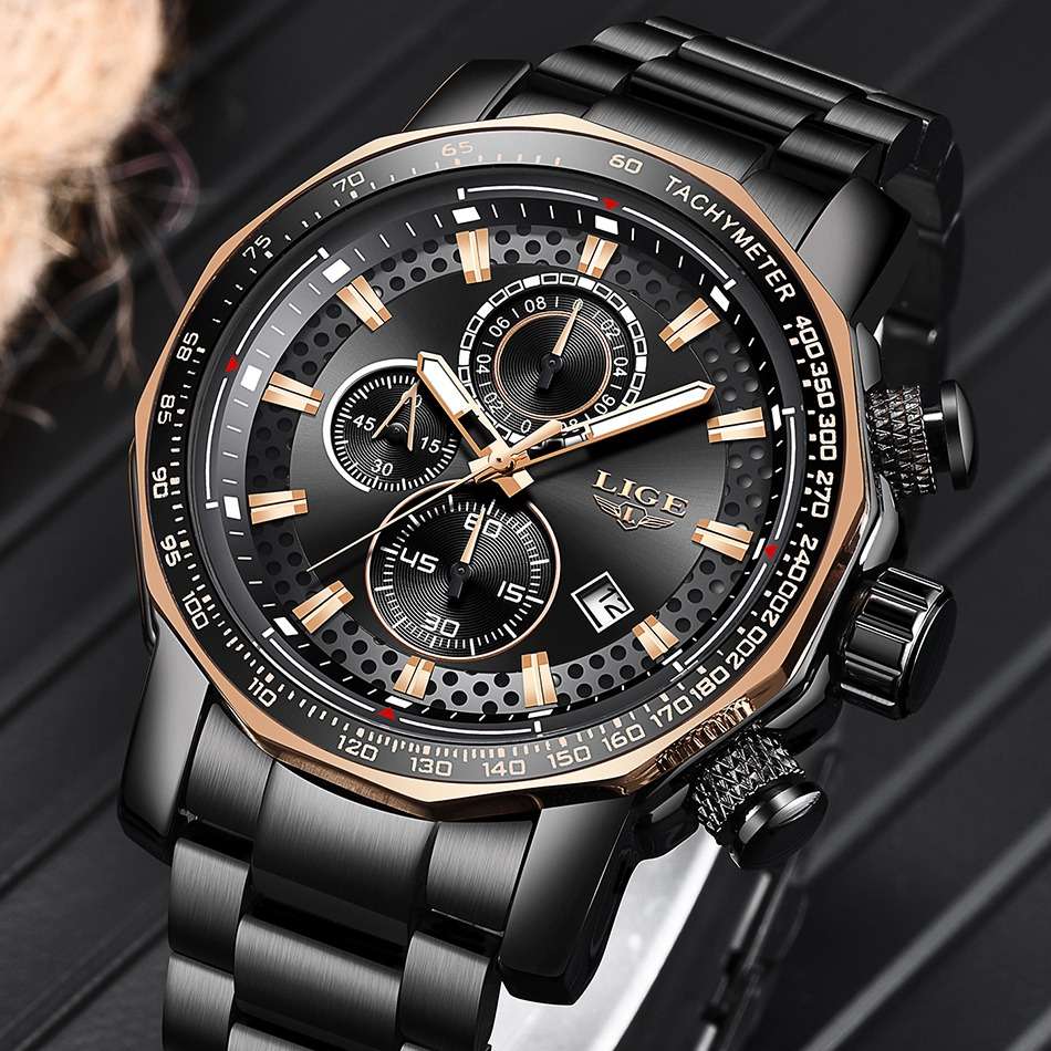 LIGE 9871 Royale: Gold Black Luxury Full Steel Quartz Watch