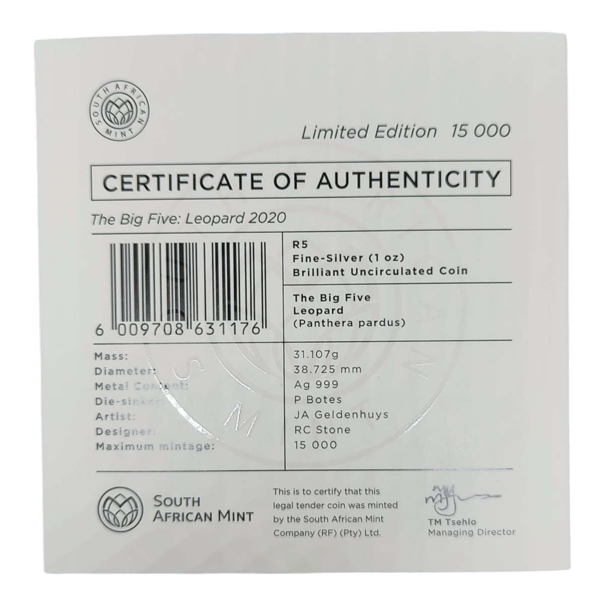 Big Five S1 Silver Brilliant Uncirculated Leopard