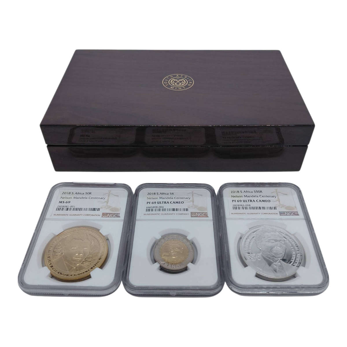 2018 South Africa Nelson Mandela Centenary Set  Graded Coins with Wooden Display Box