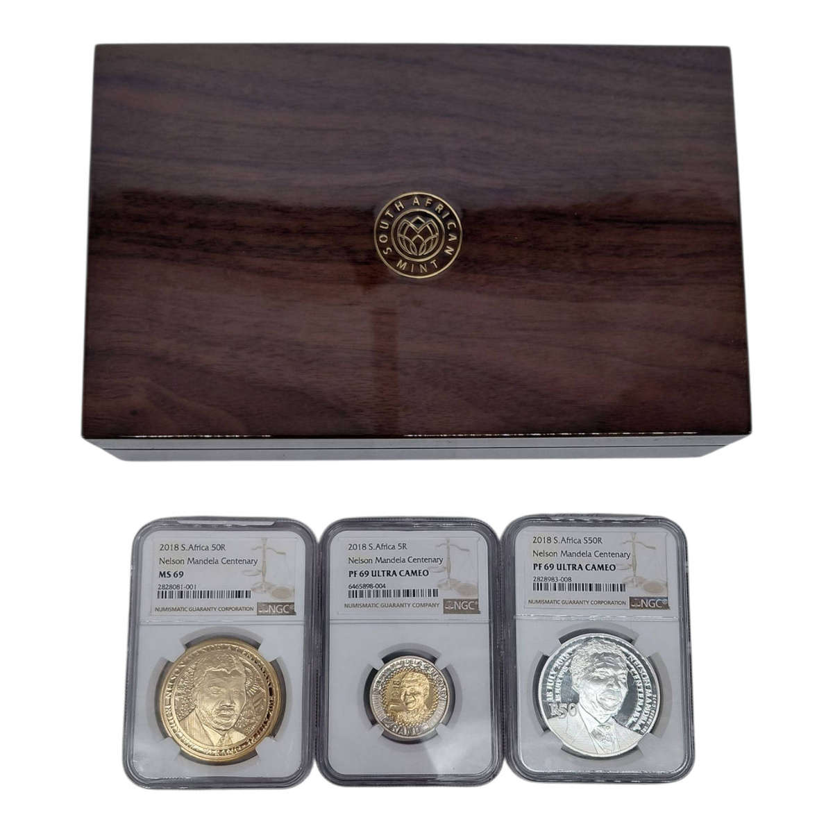 2018 South Africa Nelson Mandela Centenary Set  Graded Coins with Wooden Display Box