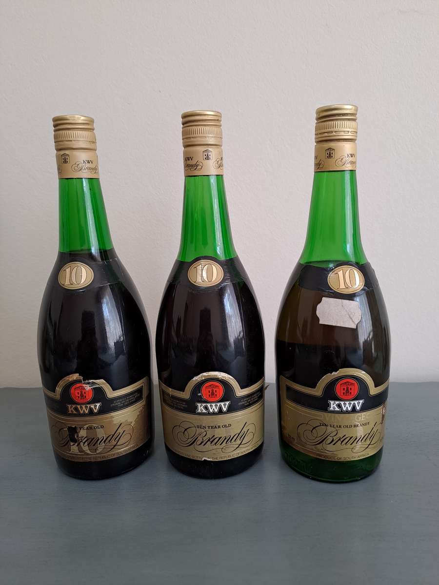 3 x Vintage KWV 10 Year Old Brandy, 750ml. Sealed and Full.