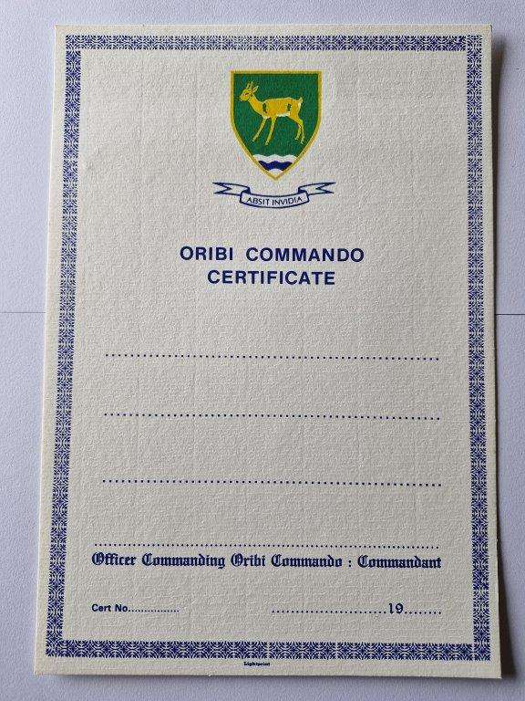 Oribi Commando blank Certificate.