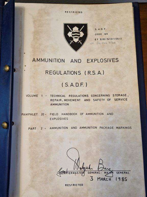 Book on SADF Ammunition and Explosive Regulations with pictures and markings.