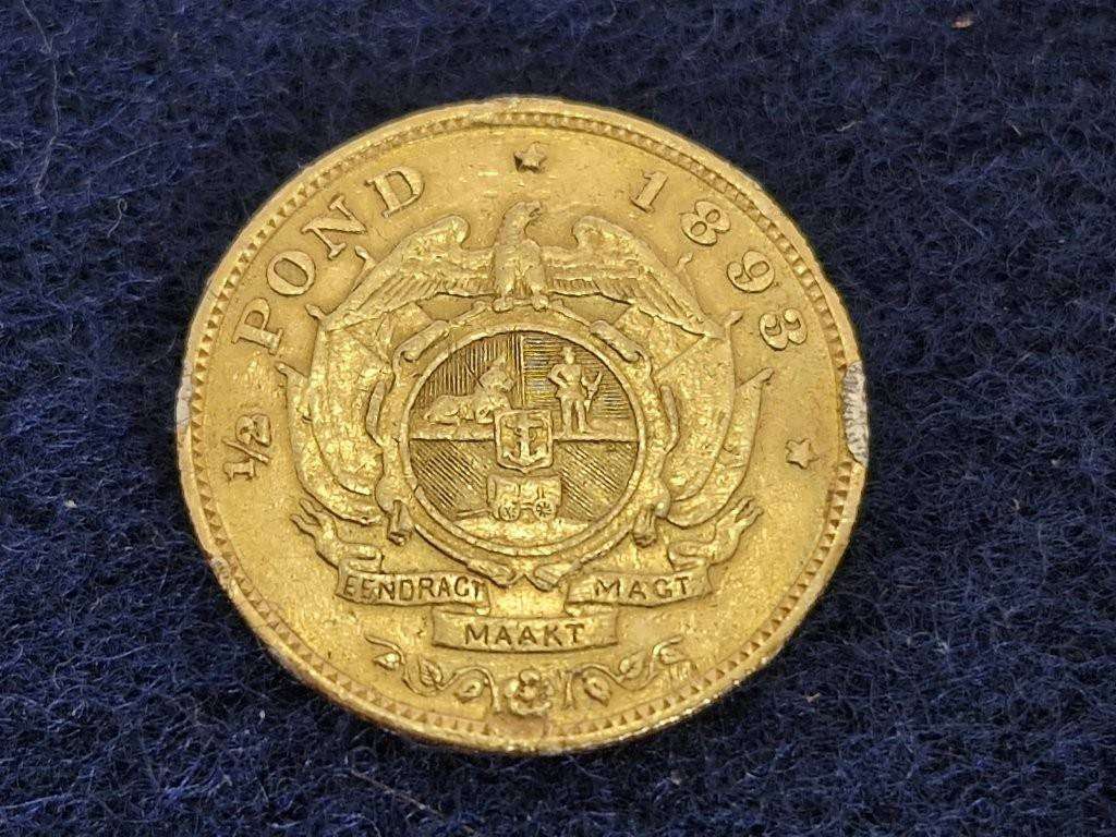 1893 ZAR Kruger Half Pond. Rarest date for the half Pond. Ex mount but a good filler.