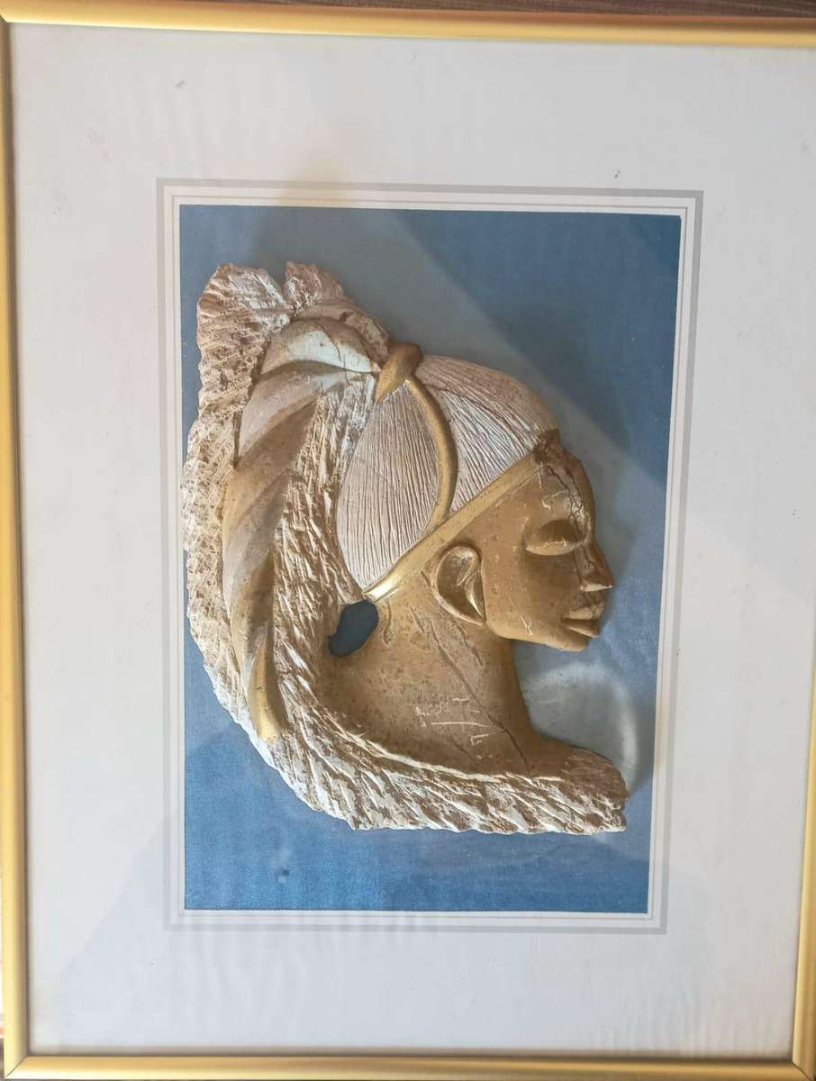 Lovely Soapstone Carved Face Mounted on Framed Glass