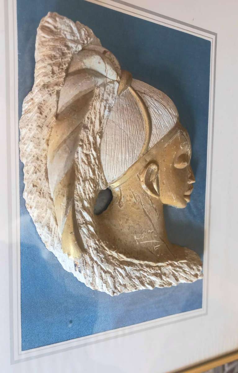 Lovely Soapstone Carved Face Mounted on Framed Glass