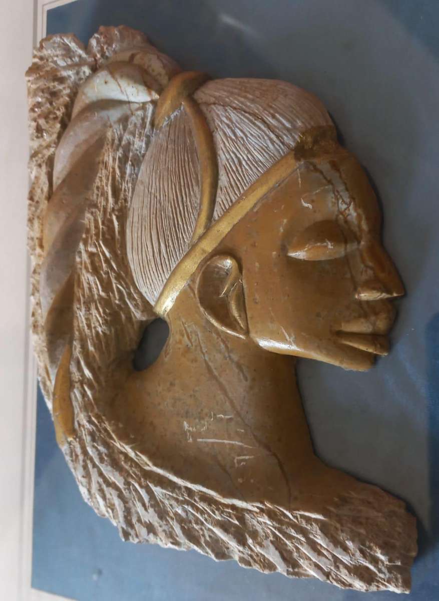 Lovely Soapstone Carved Face Mounted on Framed Glass