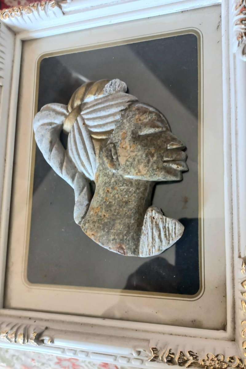 Lovely Soapstone Carved Face Mounted on Framed Glass Number 2