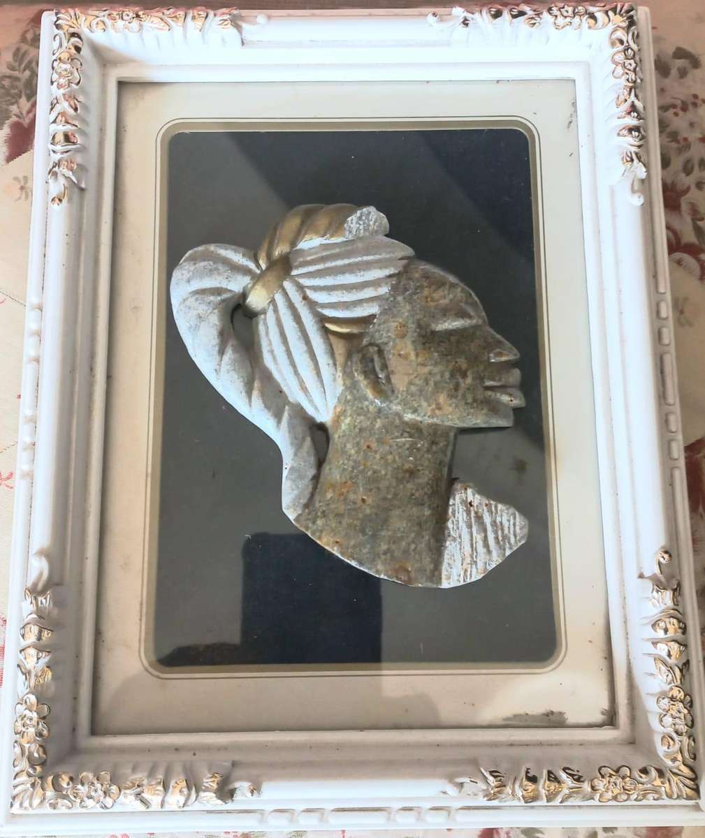 Lovely Soapstone Carved Face Mounted on Framed Glass Number 2