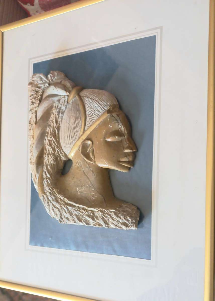 Lovely Soapstone Carved Face Mounted on Framed Glass