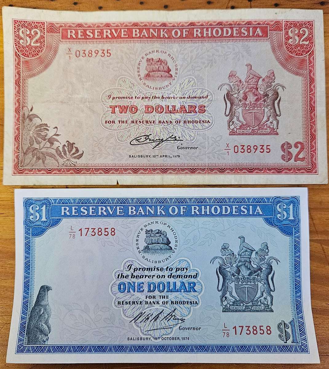 RHODESIA BANKNOTES - $2 (1979 BIRD WATERMARK) + $1 (1974 RHODES WATERMARK)