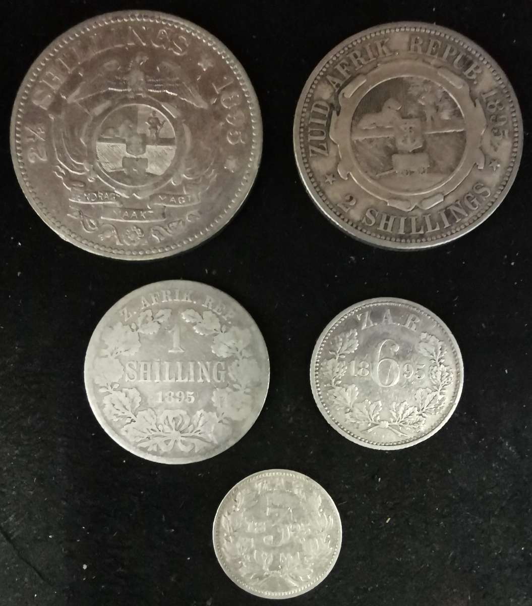 1895 ZAR Coin Collection - 5 coins - 3d, 6d, 1 shilling, 2 shillings and 2/6 shillings