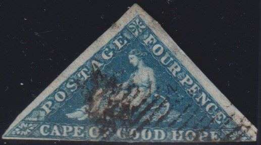 CAPE OF GOOD HOPE 1853 4d DEEP BLUE TRIANGLE FINE USED - SACC2 CV R5500