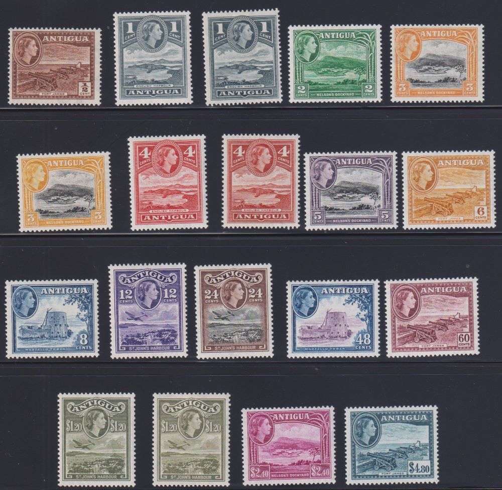 ANTIGUA 1953-62 QE11 SET LIGHTLY HINGED  MINT  CV £100