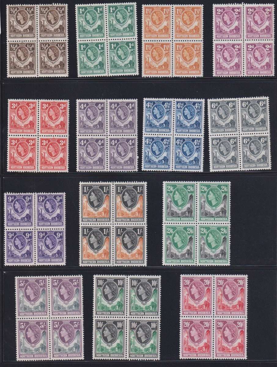 NORTHERN RHODESIA 1953 QE11 SET IN UNMOUNTED MINT BLOCKS  CV R9500+