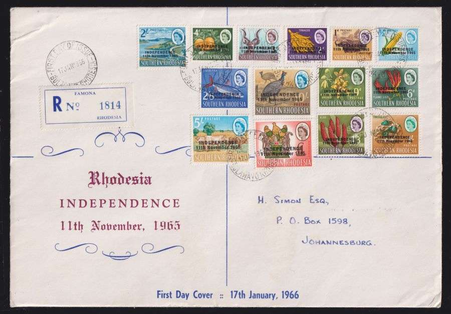 RHODESIA 1965 INDEPENDENCE OVERPRINTS ON FDC incl CHURCHILL