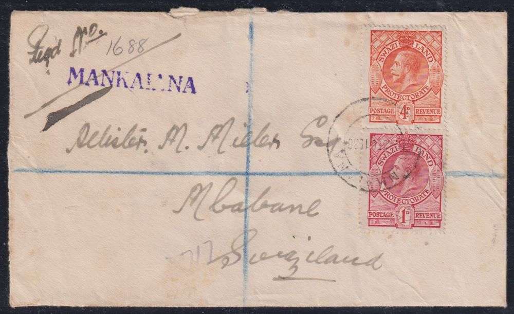 SWAZILAND REG 1936 COVER MANKALANA - MBABANE VIA BREMERSDORP