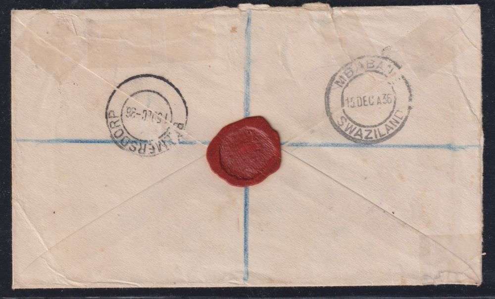 SWAZILAND REG 1936 COVER MANKALANA - MBABANE VIA BREMERSDORP
