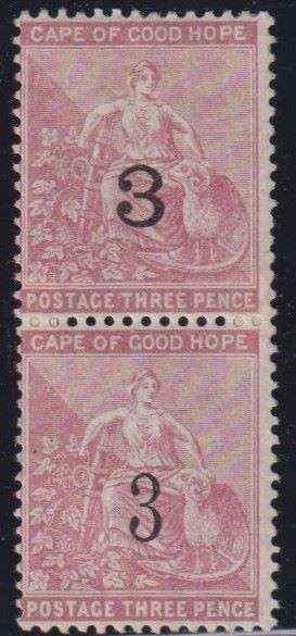 CAPE OF GOOD HOPE 1880 3d PAIR SHOWING BOTH TYPES WITH CERT - RARE!