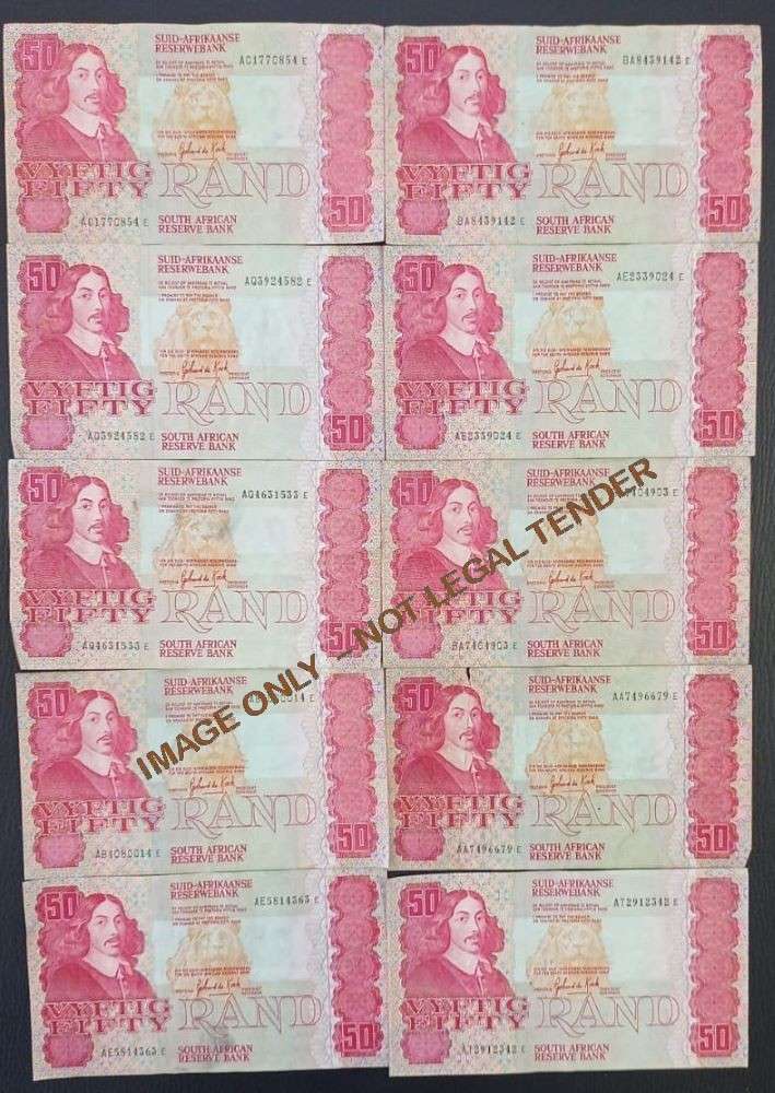 FIFTY  RAND GPC DE KOCK  BANKNOTES X 10 - FAIR CONDITION