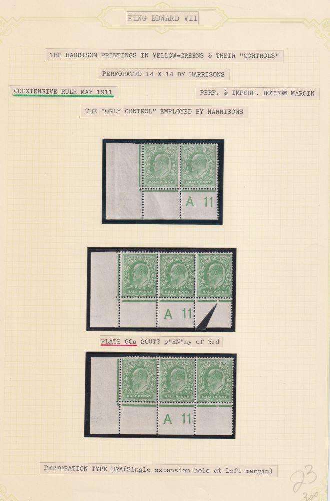 GREAT BRITAIN 1911 KEV11 1/2d PLATE NUMBER STRIPS WRITTEN UP-SUPERB!