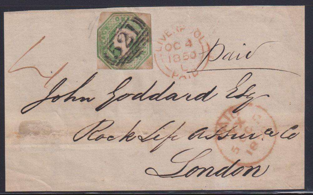 GREAT BRITAIN 1850 1/- EMBOSSED ON FRONT OF COVER
