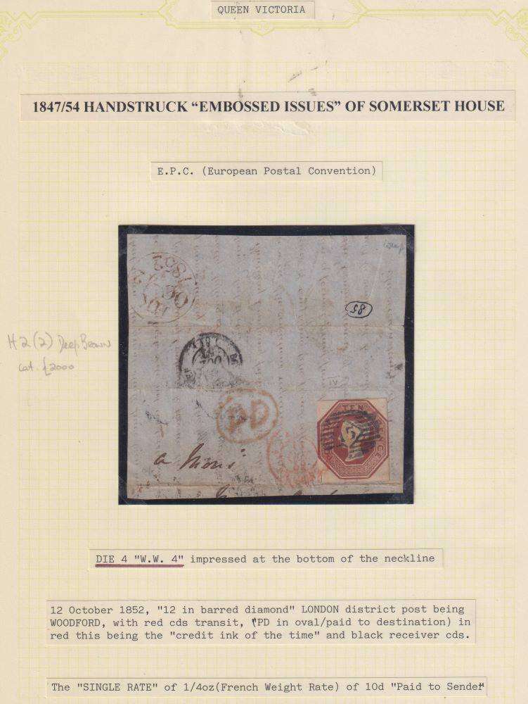 GB 1852 10d EMBOSSED ON PART ENTIRE -  DEEP BROWN SHADE