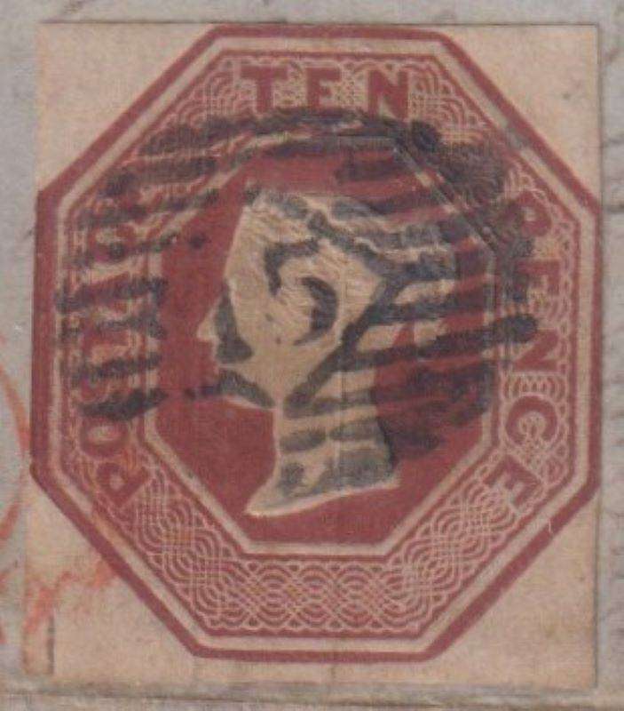 GB 1852 10d EMBOSSED ON PART ENTIRE -  DEEP BROWN SHADE