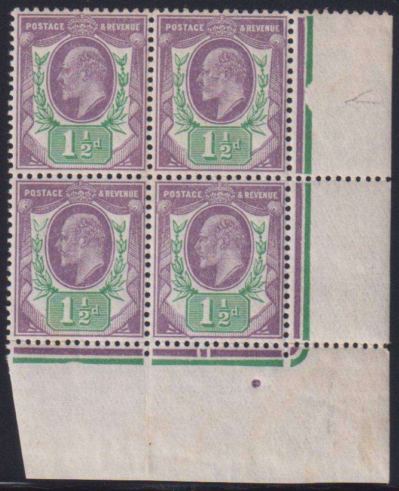GREAT BRITAIN KEV11 1911 1 1/2d DULL-PURPLE & GREEN CORNER BLOCK MINT - SG 288 CV £120+