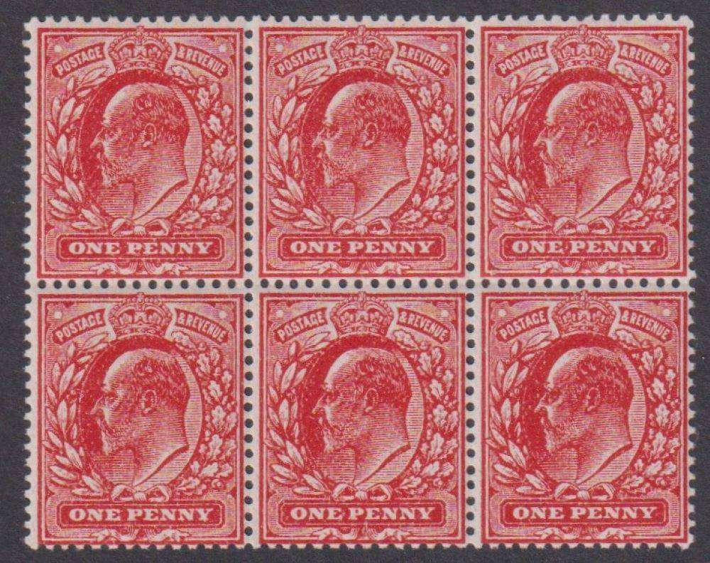GREAT BRITAIN 1911 1d THICK RED UM BLOCK OF 6 - SG 272a CV £450