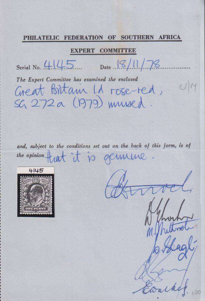 GB 1911 KEV11 1d RED-ROSE SUPERB UNMOUNTED MINT SG 272a WITH CERTIFICATE