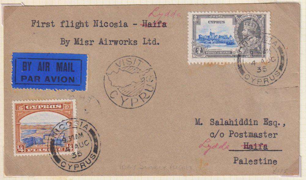 CYPRUS 1935 1st FLIGHT TO PALESTINE - SUPERB!