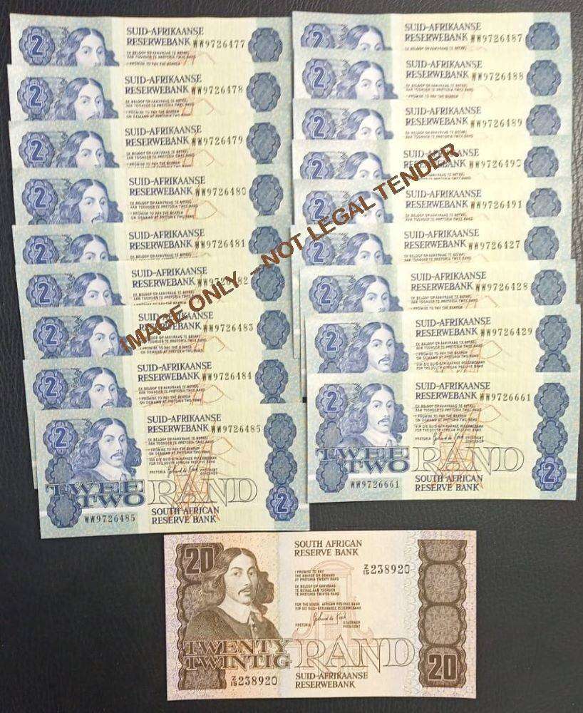 GPC DE KOCK  TWO RAND  UNC BANKNOTES x 18 and 1 X TWENTY RAND UNC -  ALL REPLACEMENT NOTES