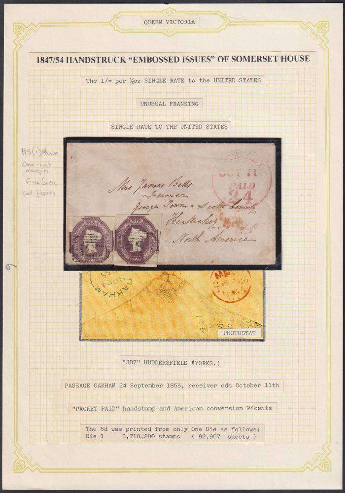 GREAT BRITAIN 1855 EMBOSSED 6d PAIR ON COVER TO THE USA