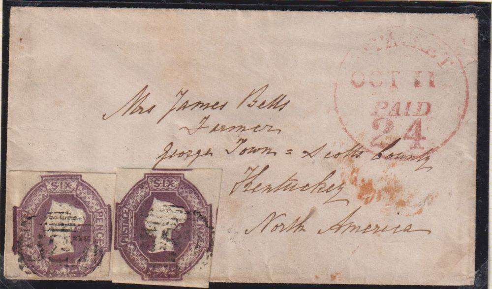 GREAT BRITAIN 1855 EMBOSSED 6d PAIR ON COVER TO THE USA
