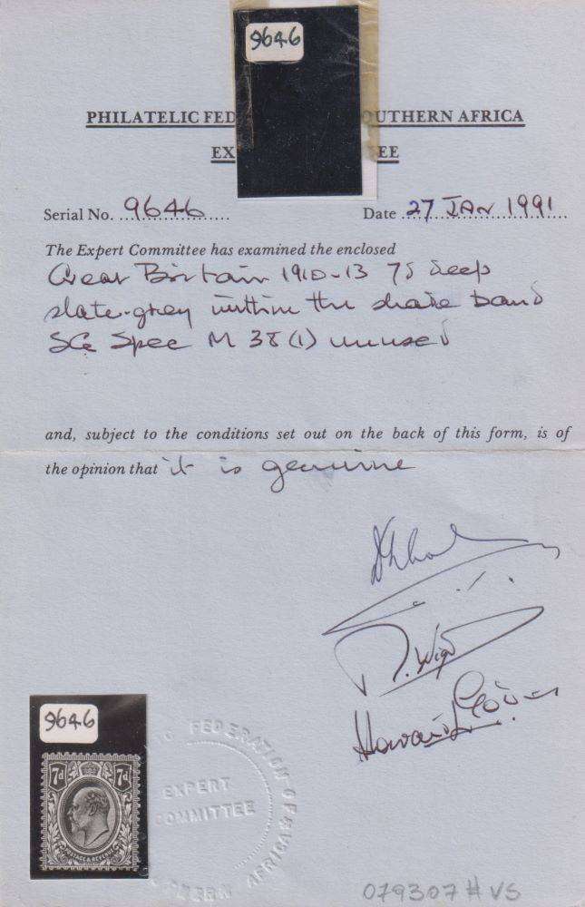 GREAT BRITAIN 1910-3 7d DEEP-SLATE GREY SG SPEC M(38) 1 WITH CERT FINE MINT