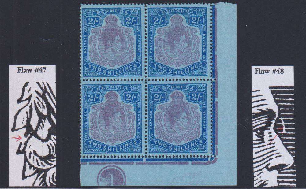 BERMUDA 1950 2/- PLATE BLOCK WITH HEADPLATE FLAWS SUPERB UM SG 116f